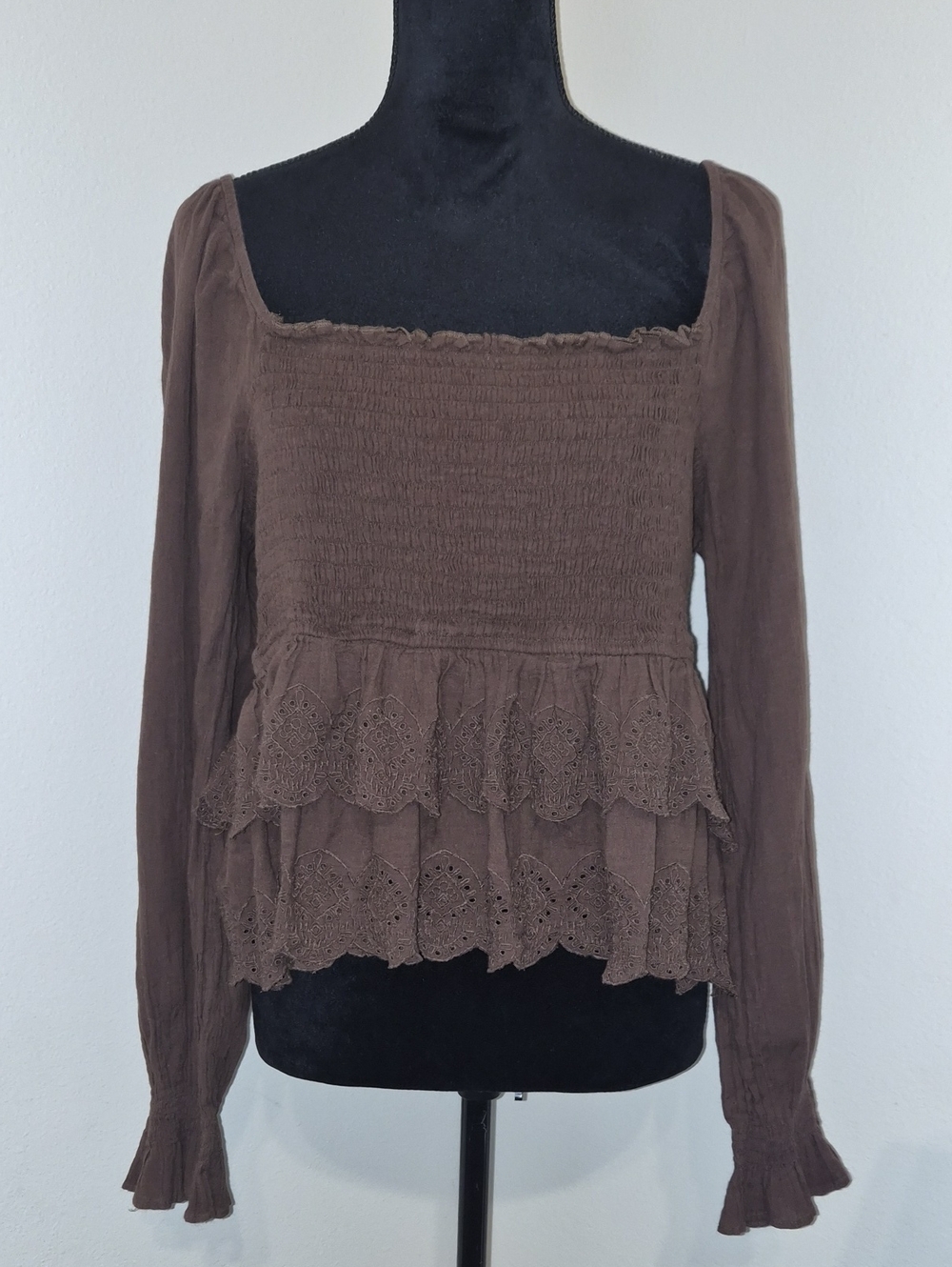 American Eagle Outfitters Brown Smocked Eyelet Peplum Blouse